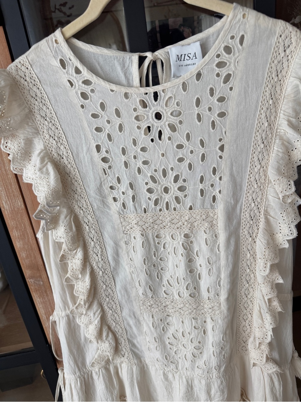 MISA eyelet embroidered mini dress ruffle flutter sleeves cotton marieta - Picture 5 of 10